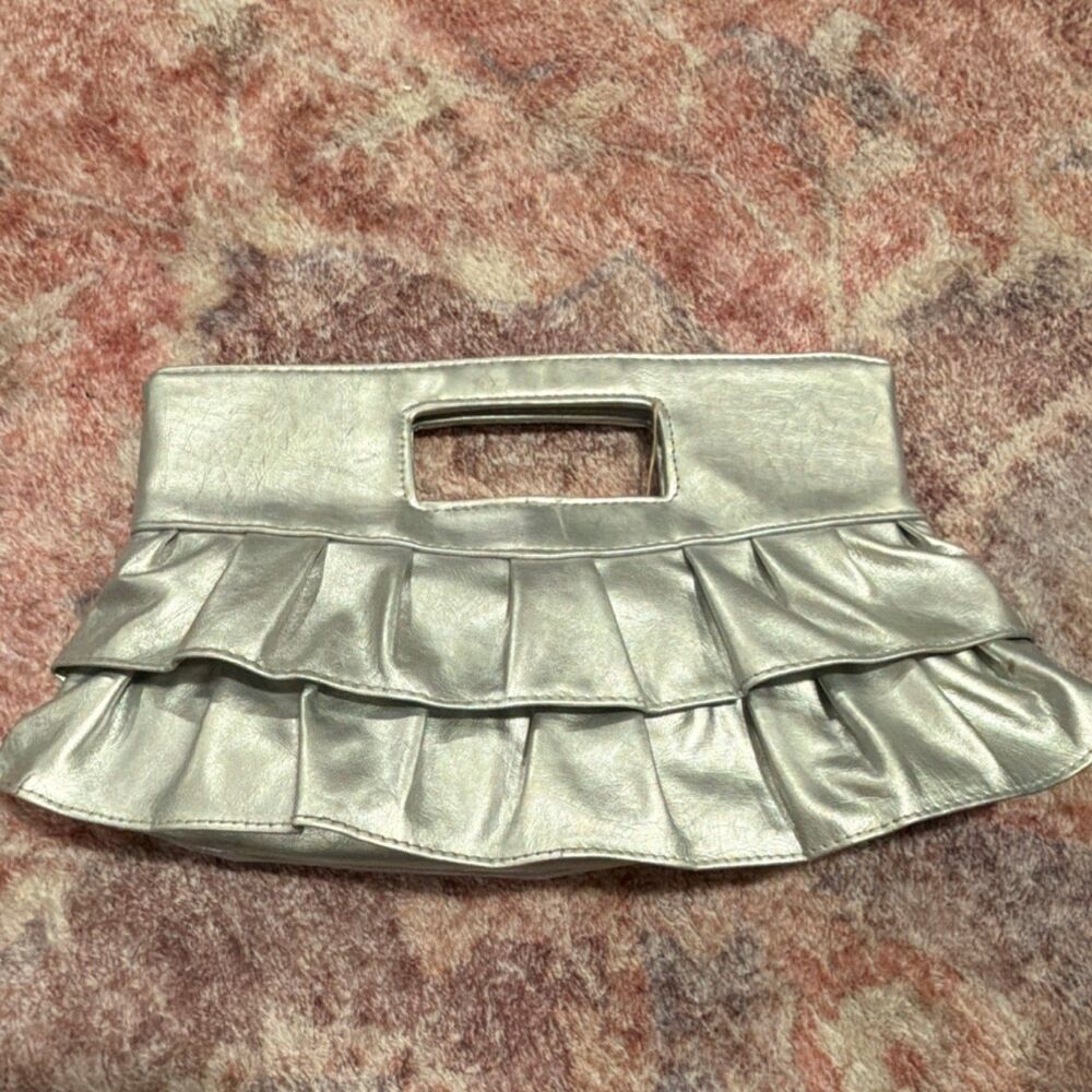 Silver Metallic Ruffle Clutch Bag with Top Handle for Women Party Cocktail